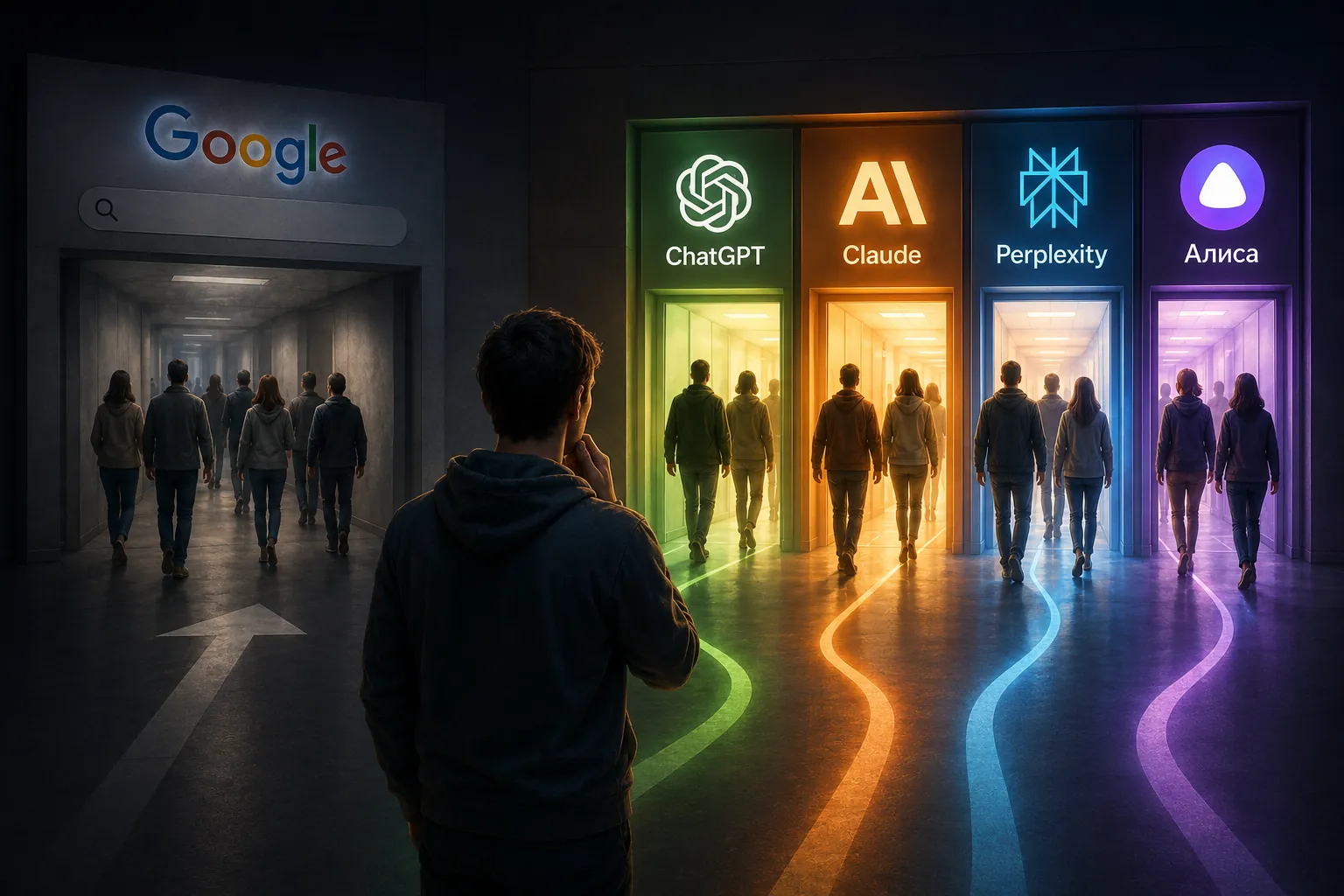 Человек выбирает между поиском Google и ответами нейросетей ChatGPT, Claude, Perplexity и Алисы